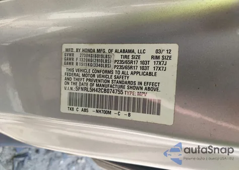 2012 Honda Odyssey Ex from USA, damaged, VIN 5FNRL5H42CB074755